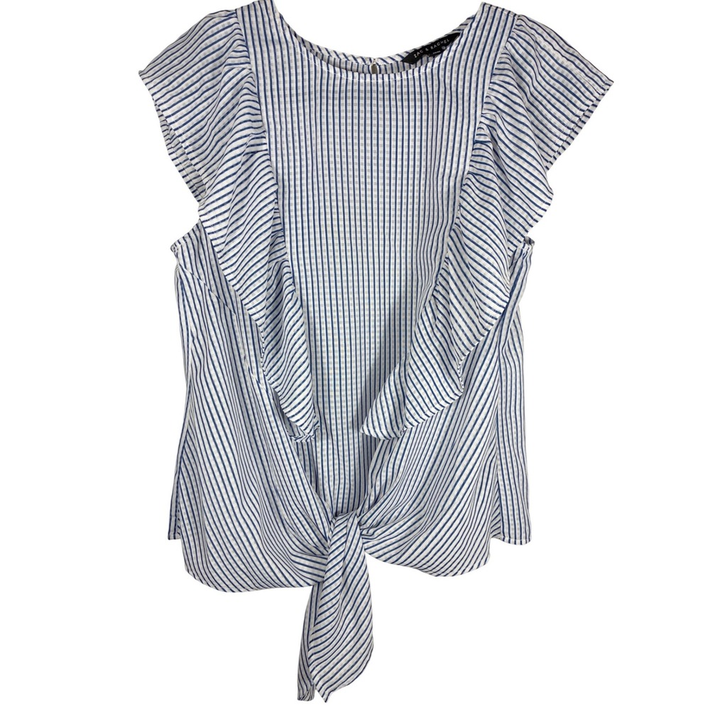 Zac & Rachel Blue White Striped Ruffle Tie Front Blouse Sleeveless Top Sz L